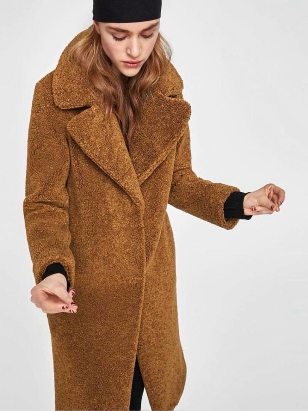 Zara Brown Teddy Faux-Shearling Mid-Length Coat Size Medium - Picture 4 of 13